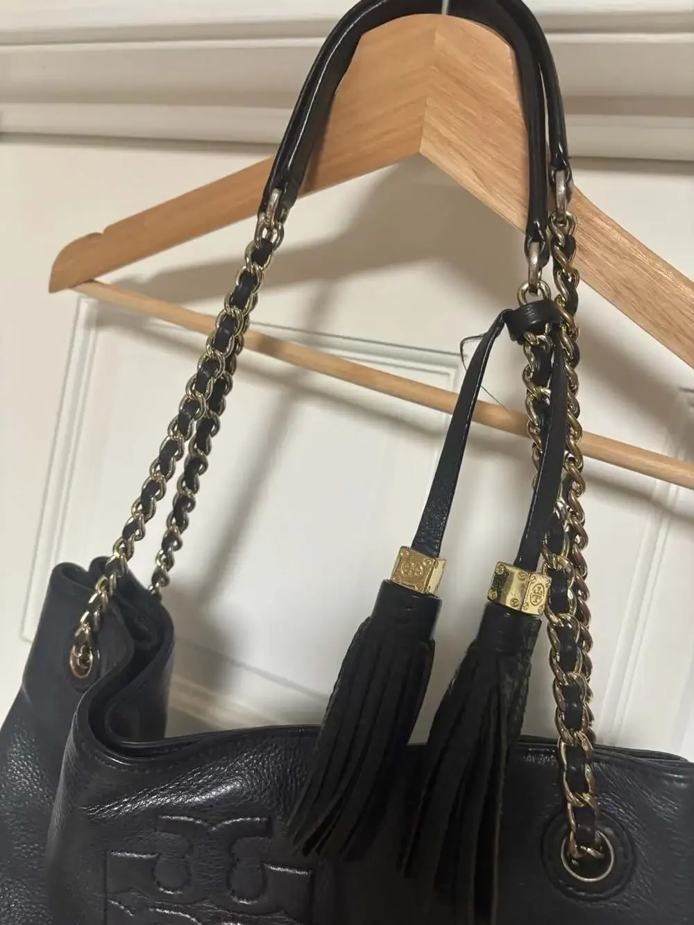 Tory Burch Thea Black Pebble Leather Chain Shoulder Tote with Tassels